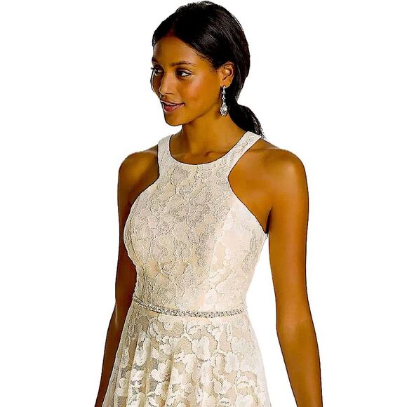 David’s Bridal City Triangle Ivory/Nude Short Lace Dress Bead Embellished Waist - Picture 2 of 11